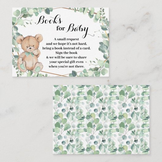 Bear Greeneryが本を持ってくる赤ちゃんシャワーカード プレイスカード (正面/裏面)