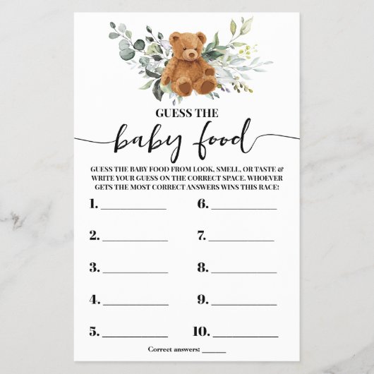 Bear Greeneryはベビー食品シャワーゲームカードを推測 チラシ (正面)