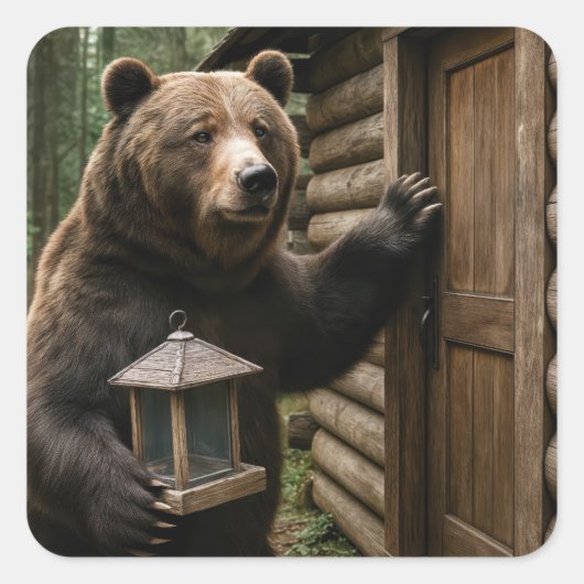Bear Holding an Empty Bird Feeder スクエアシール (正面)