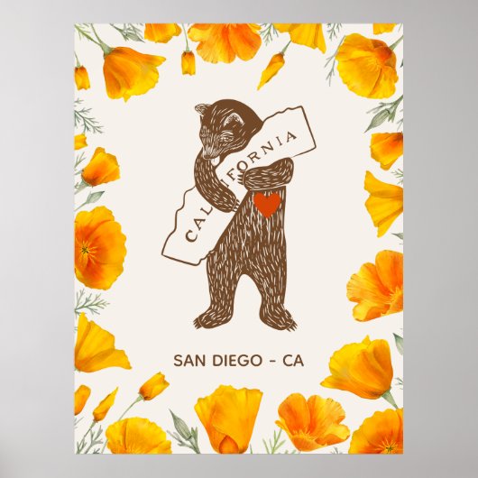 Bear Hugging California Map Poppies Custom ポスター (正面)