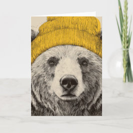 Bear in Yellow Beanie Rustic Woodland Animal  シーズンカード