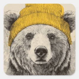 Bear in Yellow Beanie Rustic Woodland Animal  スクエアシール