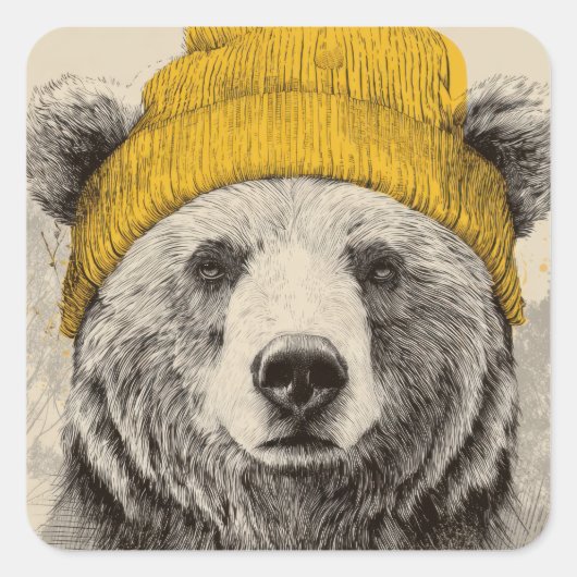 Bear in Yellow Beanie Rustic Woodland Animal  スクエアシール (正面)