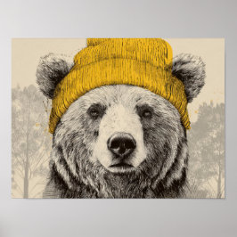 Bear in Yellow Beanie Rustic Woodland Animal  ポスター