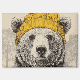 Bear in Yellow Beanie Rustic Woodland Animal  マグネット
