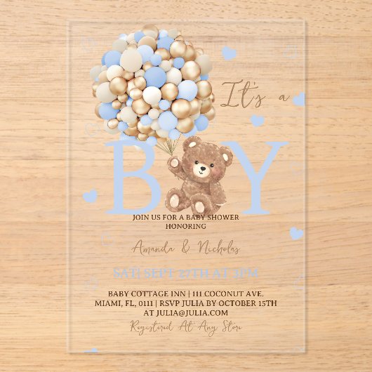 Bear It's a Boy ベビーシャワー  アクリル招待状 (正面)