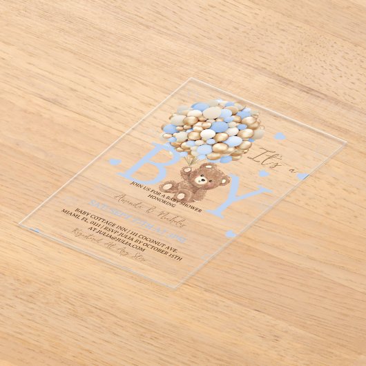 Bear It's a Boy Baby Shower アクリル招待状 (レイダウン)