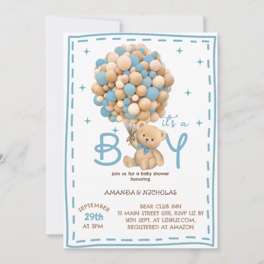 Bear It's a Boy Blue Baby Shower 招待状 (正面)