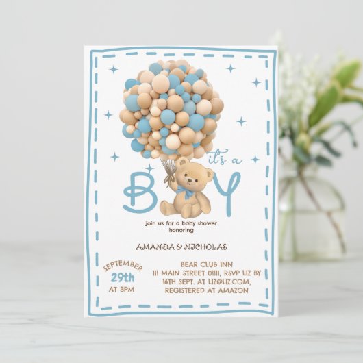 Bear It's a Boy Blue Baby Shower 招待状 (スタンド正面)