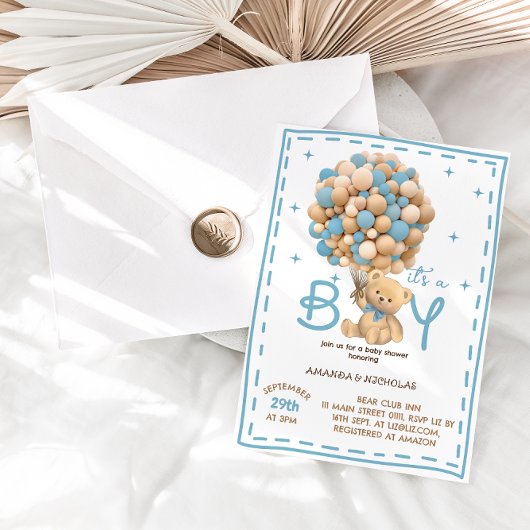 Bear It's a Boy Blue Baby Shower 招待状