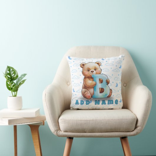 Bear & Letter B – Blue Clouds Baby Pillow クッション (椅子)