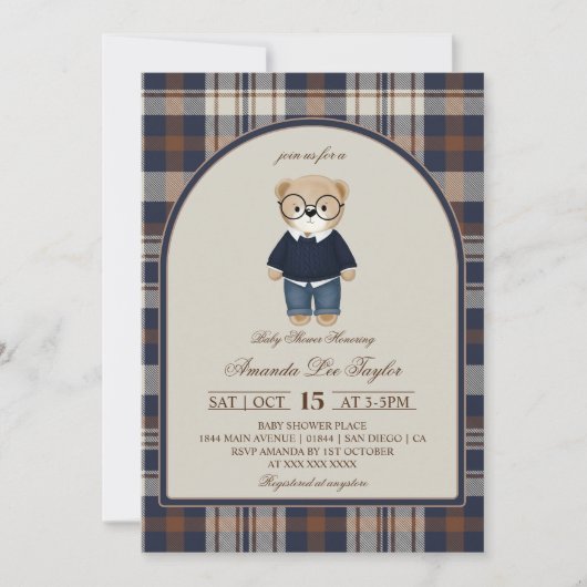 Bear Luxury Plaid Boy Baby Shower 招待状 (正面)