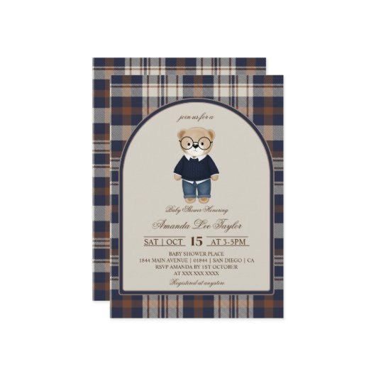 Bear Luxury Plaid Boy Baby Shower 招待状 (正面/裏面インサイチュ)
