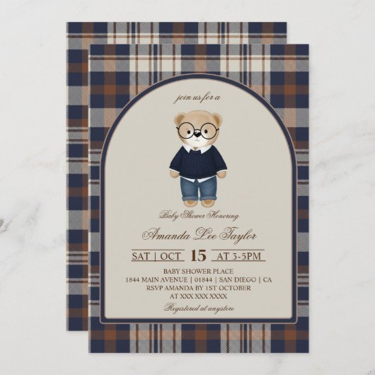 Bear Luxury Plaid Boy Baby Shower 招待状 (正面/裏面)