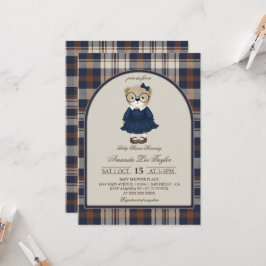 Bear Luxury Plaid Girl Baby Shower 招待状