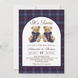 Bear Luxury Tartan Twins Baby Shower 招待状