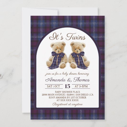 Bear Luxury Tartan Twins Baby Shower 招待状 (正面)