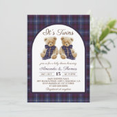 Bear Luxury Tartan Twins Baby Shower 招待状 (スタンド正面)