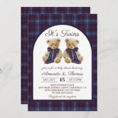 Bear Luxury Tartan Twins Baby Shower 招待状 (正面/裏面)