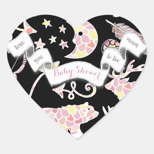 Bear Moose Love You to the Moon Baby Girl Shower ハートシール (正面)