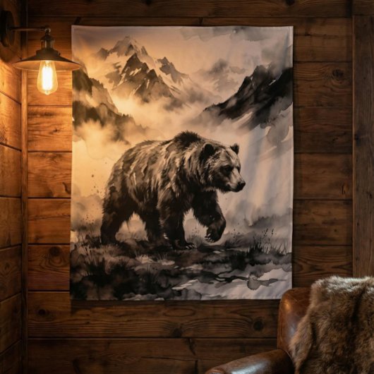 Bear Mountain | Black and White Wildlife Art タペストリー