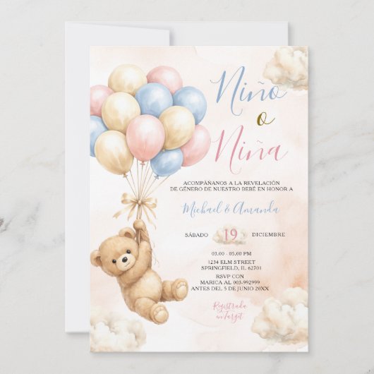 Bear Niña o Niño Gender Reveal Pink and Blue 招待状 (正面)