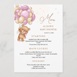 Bear Pink Balloons Baby Shower Menu メニュー
