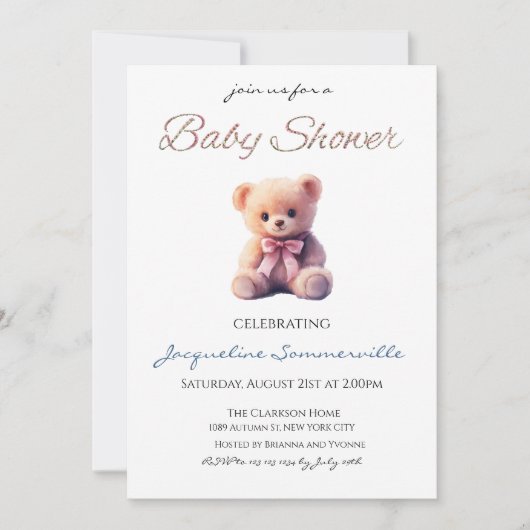 Bear Pink Bow Baby Shower It's a Girl 招待状 (正面)