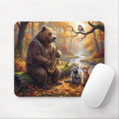 Bear Playing a Saxophone in Autumn Forest マウスパッド (マウス)