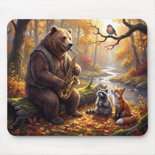 Bear Playing a Saxophone in Autumn Forest マウスパッド (正面)