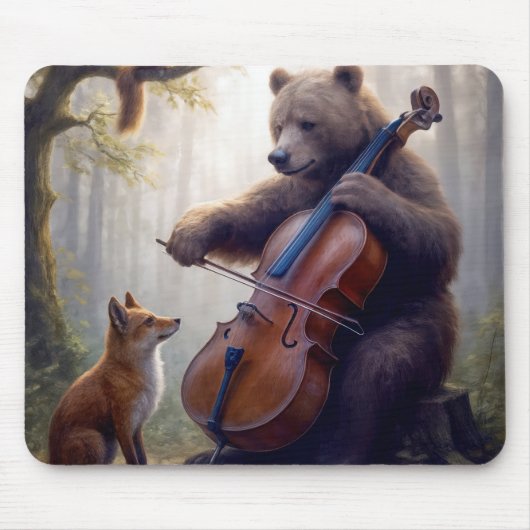 Bear Playing the Cello In a Misty Forest マウスパッド (正面)