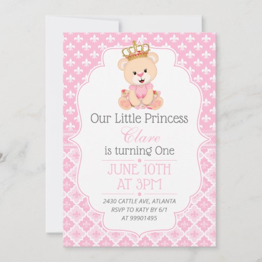 Bear Princess First Birthday Invitation 招待状 (正面)