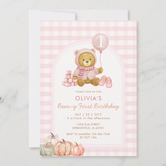 Bear Pumpkin Soft Pink Beary First Birthday  招待状 (正面)