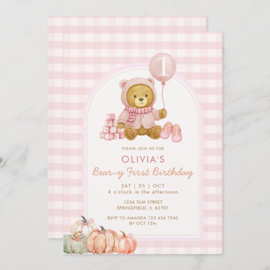 Bear Pumpkin Soft Pink Beary First Birthday  招待状 (正面/裏面)