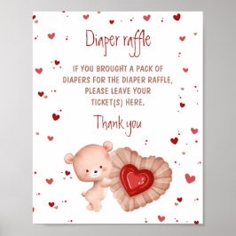 Bear Red Heart Baby Shower Diaper Raffle Sign ポスター