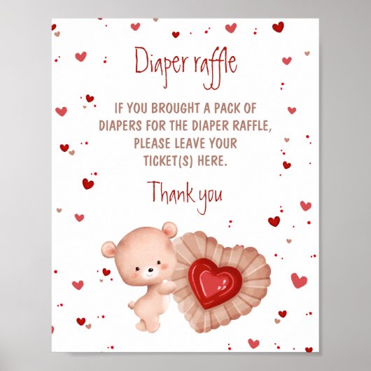 Bear Red Heart Baby Shower Diaper Raffle Sign ポスター (正面)