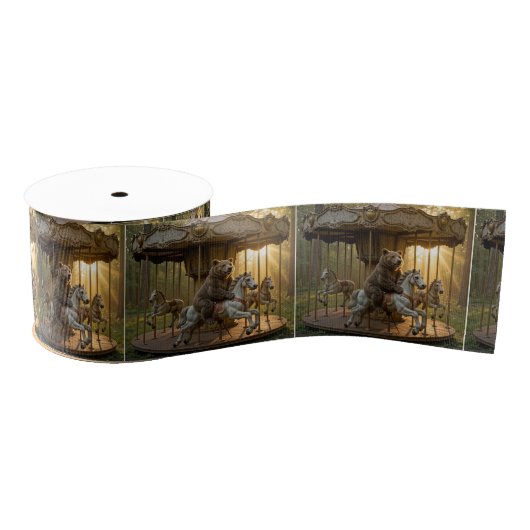 Bear Riding a Carousel Horse in a Forest グログランリボン (リール)