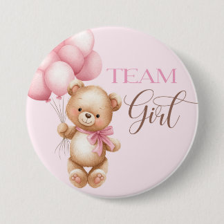 Bear round pin for gender reveal team girl. 缶バッジ