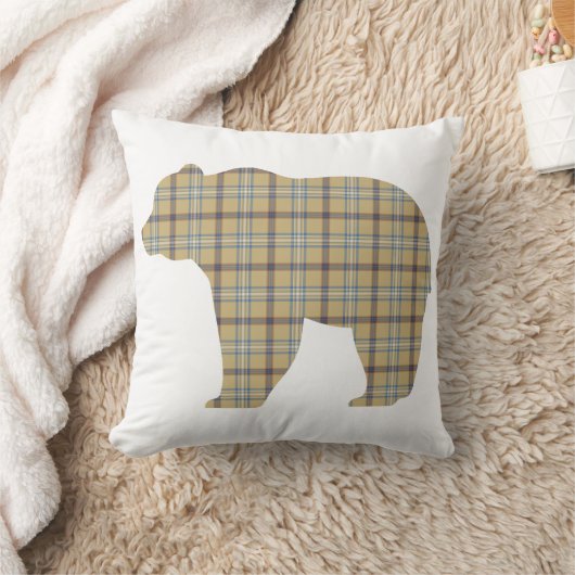 Bear Shape Plaid Tan Blue Cabin Core クッション (ブランケット)