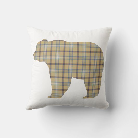 Bear Shape Plaid Tan Blue Cabin Core クッション (裏面)