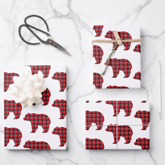 Bear Shaped Plaid Red Black Buffalo ラッピングペーパーシート (正面)