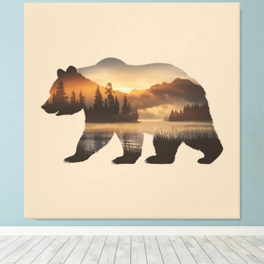 Bear Silhouette Design with Sunset View キャンバスプリント (インサイチュ (ウッドフロア))