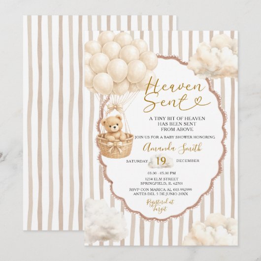 Bear Stripe Beige Balloon Heaven Sent Baby Shower 招待状 (正面/裏面)