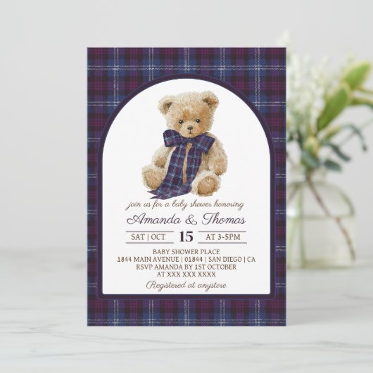 Bear Tartan Gender Neutral Baby Shower 招待状 (スタンド正面)