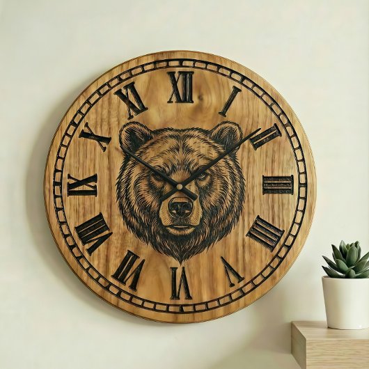 Bear Wall Clock - Wooden Style Design ラージ壁時計