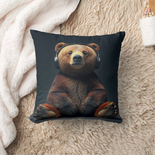 Bear Wearing Headphones クッション (ブランケット)