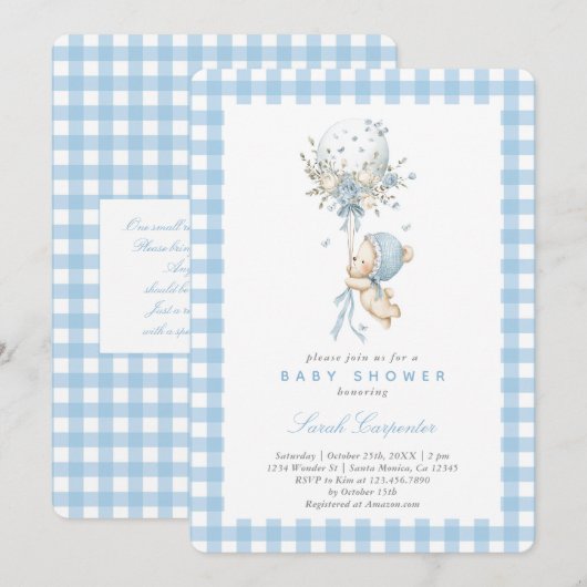 Bear with Balloon Baby Shower Boy 招待状 (正面/裏面)