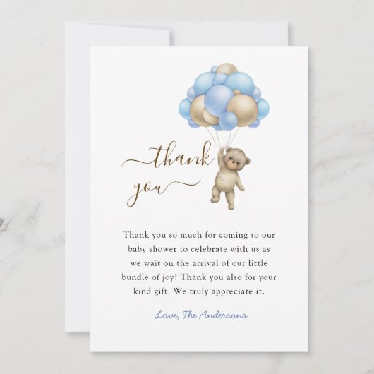 Bear with Balloons Baby Boy shower Thank you card サンキューカード (正面)