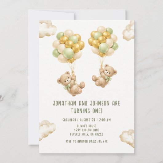 Bear With Balloons Twins First Birthday Invitation 招待状 (正面)