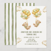 Bear With Balloons Twins First Birthday Invitation 招待状 (正面/裏面)